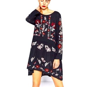 Zara Black Floral Embroidered Long-Sleeve Tunic Dress